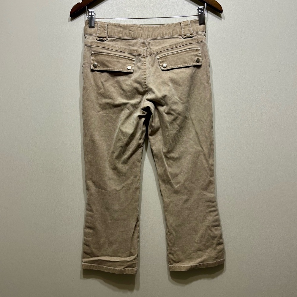 Bess Vintage Y2K Mid Rise Flare Capri Jeans Stretch Button Detail Tan S - Picture 6 of 12